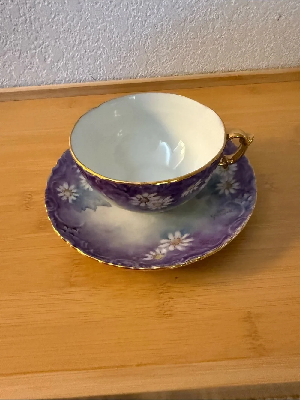 Purple Floral Tea Cup and Saucer with Gold Trim hand painted by Dee Kickinski